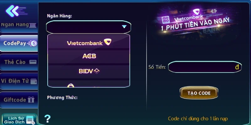 Nạp thông qua Code Pay cũng là một phương thức khá đơn giản